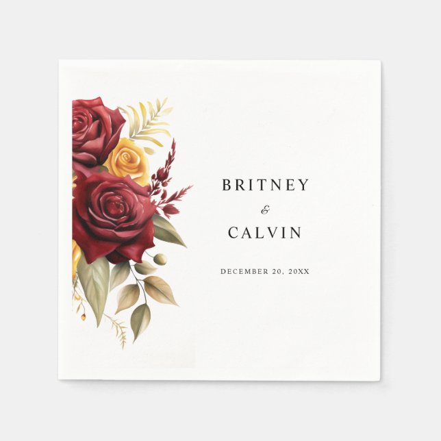 Servilleta De Papel Borgoña Roses Rojos Floral Elegante Boda (Anverso)