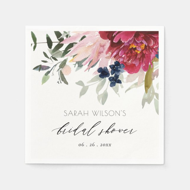 Servilleta De Papel Borgoña Rubor Blue Floral Bunch Bridal Shower (Anverso)