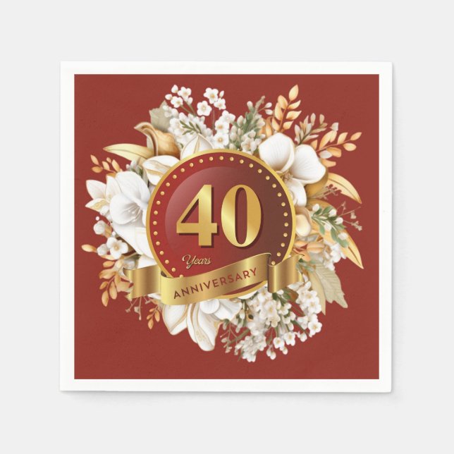 Servilleta De Papel Borgoña Y Floral de oro 40° Aniversario Boda (Anverso)
