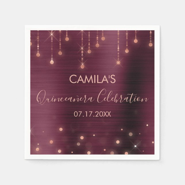 Servilleta De Papel Borgoña y Rosa Fiesta de Quinceanera (Anverso)