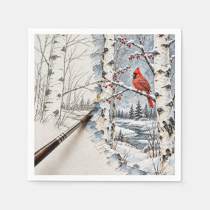 Servilleta De Papel Bosque de abedules de Navidad y pintura de cardena