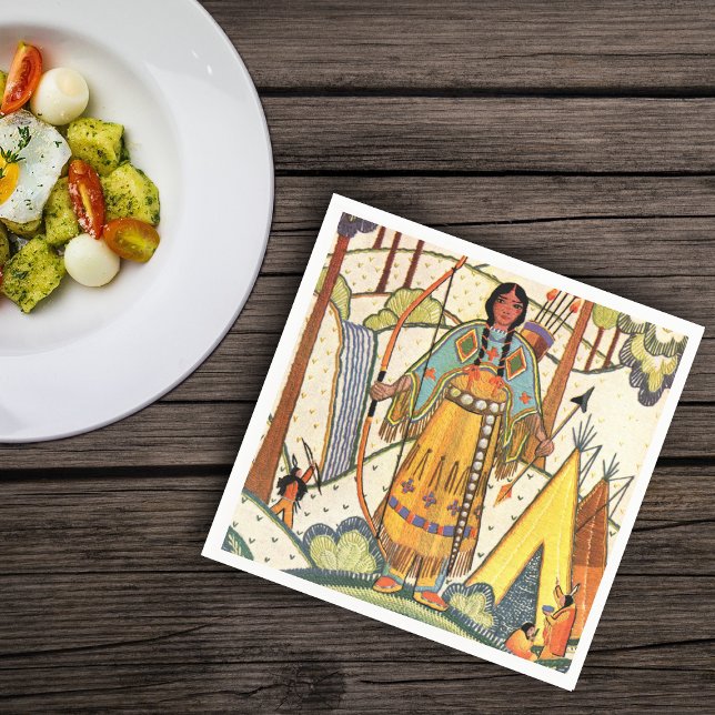 Servilleta De Papel Bosque de aldea de nativas nativas nativas nativas (Native American lady in forest teepee bow arrow with embroidered look on napkin.)