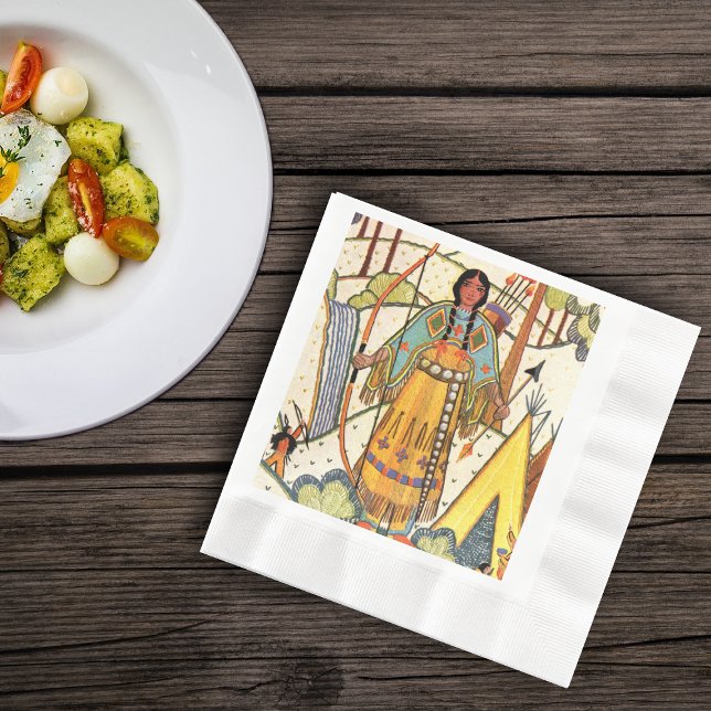 Servilleta De Papel Bosque de aldea de nativas nativas nativas nativas (Native american women in forest bow arrow traditional clothing embroidered look on lunch napkin.)
