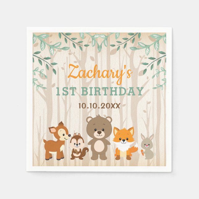 Servilleta De Papel Bosque de Animales Woodland Primer cumpleaños Baby (Anverso)