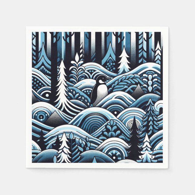 Servilleta De Papel Bosque de Invierno Azul de Medianoche con pingüino (Anverso)
