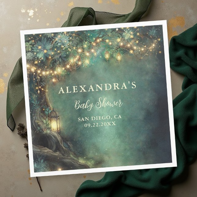 Servilleta De Papel Bosque Encantado Linternas Mágicas Fiesta de Bebé  (enchanted forest baby shower napkin emerald green gold fairy lights lanterns magical woodland)