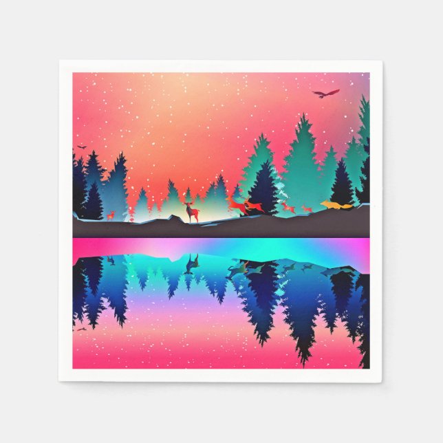 Servilleta De Papel Bosque forestal de los ciervos montaña aurora bore (Anverso)