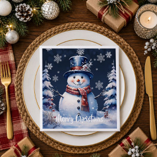 Servilleta De Papel Bosque Invernal Muñeco de Nieve Navidad Azul