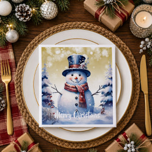 Servilleta De Papel Bosque Invernal Muñeco de Nieve Navidad   Oro
