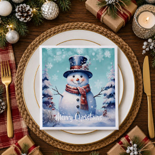 Servilleta De Papel Bosque Invernal Muñeco de Nieve Navidad   Turquesa