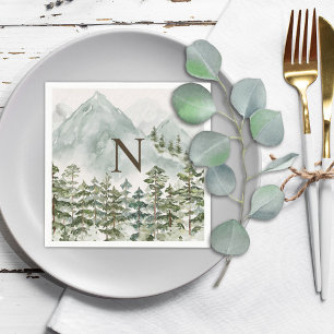 Servilleta De Papel Bosque Monogramado y Montaña Naturaleza Acuarela
