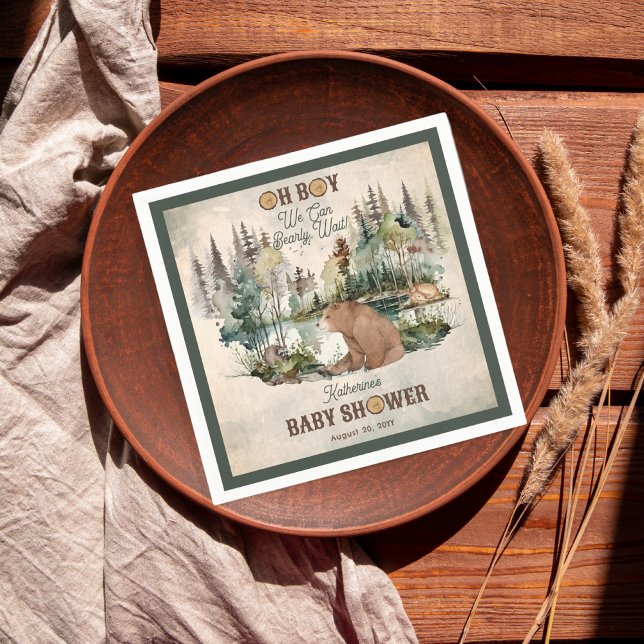 Servilleta De Papel Bosque Rústico Oh Boy Bearly Wait Baby Shower ("Oh Boy We Can Bearly Wait!" Rustic Woodland Bear and Forest Animals Baby Shower Paper Napkins)