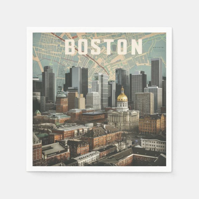 Servilleta De Papel Boston, Boston Massachusetts City Skyline con mapa (Anverso)