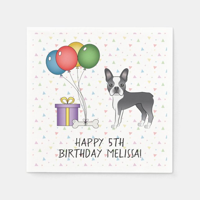 Servilleta De Papel Boston Terrier Blanco y Azul Perro Lindo - Cumplea (Anverso)