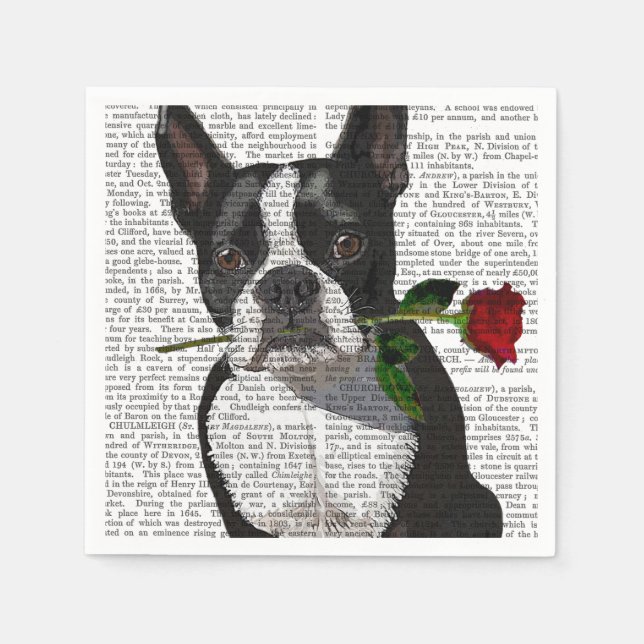 Servilleta De Papel Boston Terrier con Rosa en boca (Anverso)