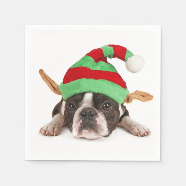 Servilleta De Papel Boston Terrier Con Un Gorra Navidad (Anverso)
