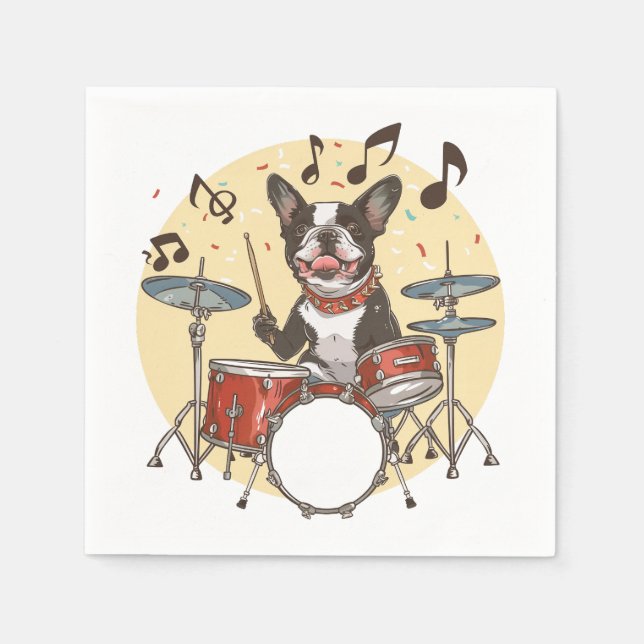 Servilleta De Papel Boston Terrier Dog Playing Drums (Anverso)