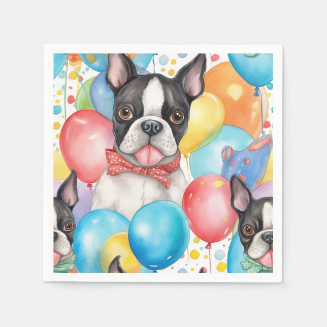 Servilleta De Papel Boston Terrier Y Globos (Anverso)