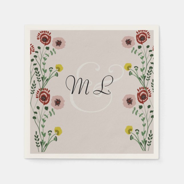 Servilleta De Papel Botánica floral de boda bordada con vegetación (Anverso)