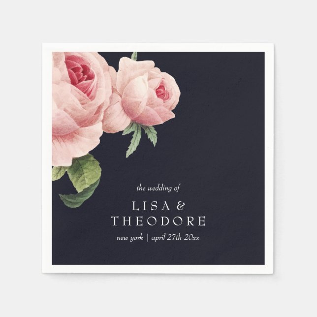 Servilleta De Papel Botánica | PInk Boda de cosecha azul personalizada (Anverso)