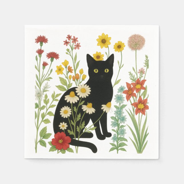 Servilleta De Papel  Botanical Nature – Black Cat in Wildflower Garden (Anverso)