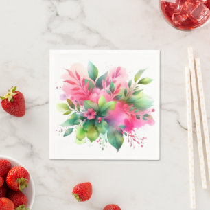 Servilleta De Papel Botánico Floral Acuarela Rosa Verde