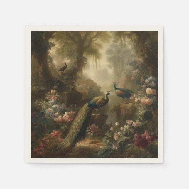 Servilleta De Papel Botánico: tres pavos reales en jardín inglés (Anverso)