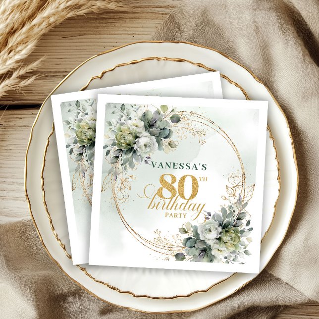 Servilleta De Papel Botánico Verde Oro Eucalipto Cumpleaños 80 Servill (Botanical Green Gold Eucalyptus 80th Birthday Napkins)