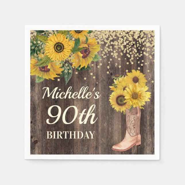 Servilleta De Papel Botas de purpurina de girasol rústico Cumpleaños 9 (Anverso)