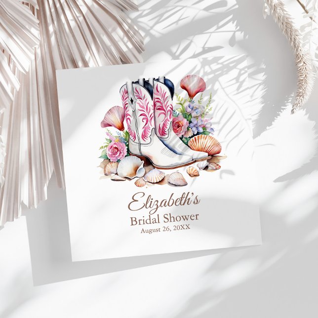 Servilleta De Papel Botas de vaquera costeras rosadas boho para desped (Boho Pink Coastal Cowgirl Boots Bridal Shower Napkins on a sunny white table.)