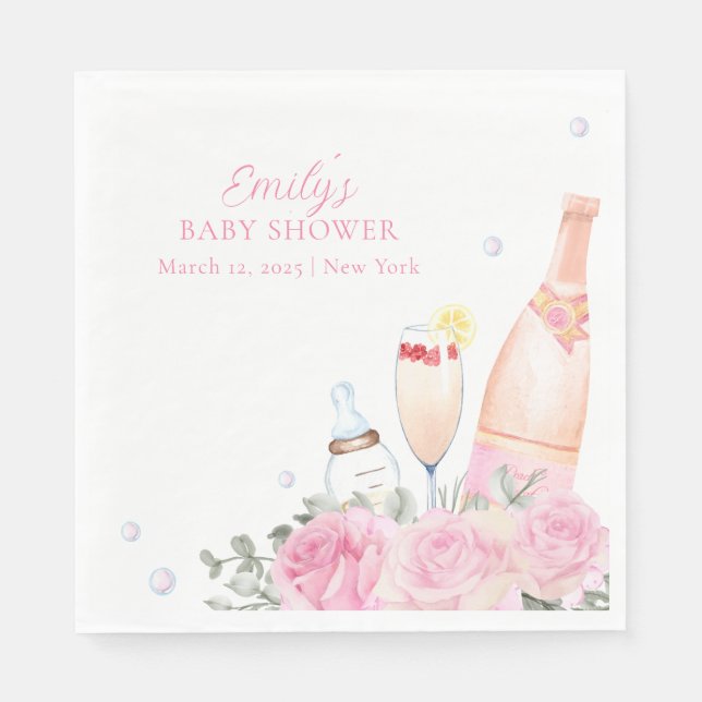 Servilleta De Papel Botellas de champán Rosa Poppin Baby Shower (Anverso)