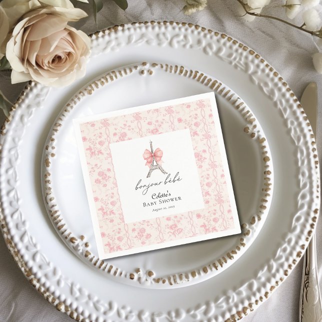 Servilleta De Papel Boujour Bebe Paris Francés Toile Pink Baby Shower (Bon Jour Be be Baby Shower Cocktail Napkins )