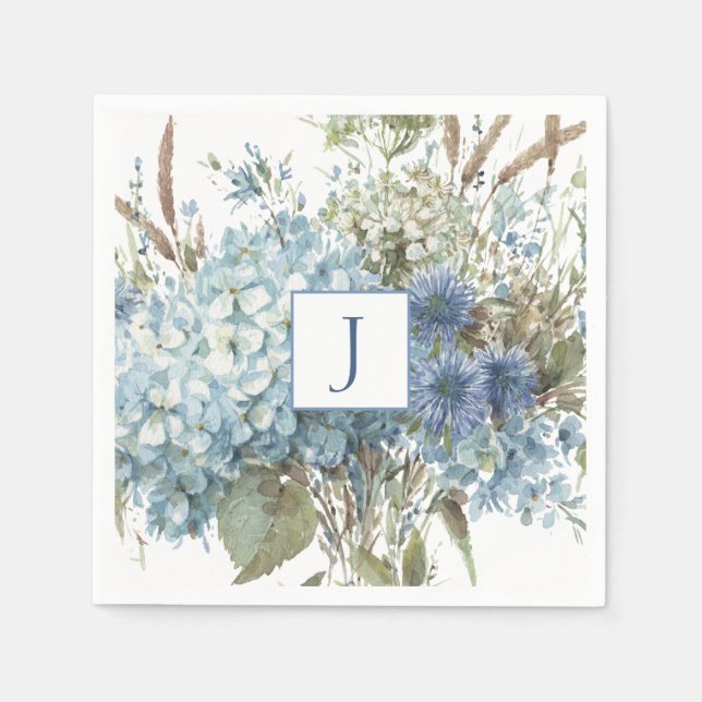 Servilleta De Papel Bouquet Bohemian Blue Flower Watercolor (Anverso)