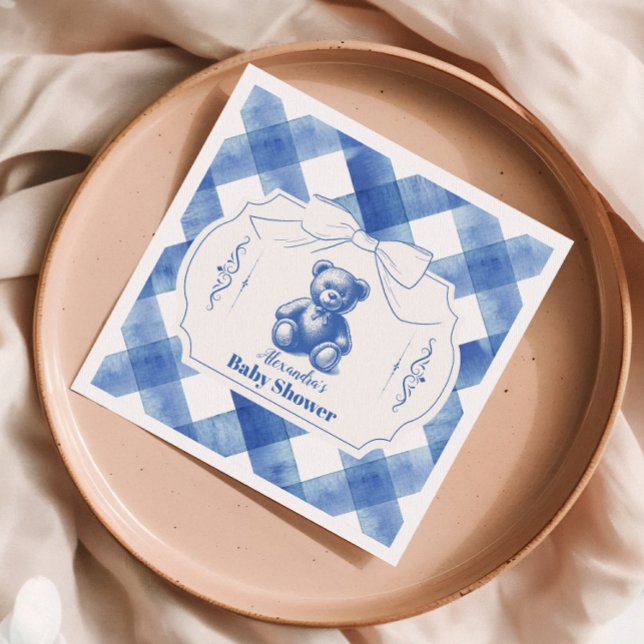 Servilleta De Papel Bow Gingham French Teddy Bear Baby Shower (Subido por el creador)