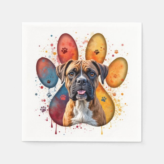 Servilleta De Papel Boxer Dog In Watercolor Pawprint (Anverso)