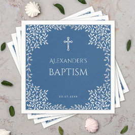 Servilleta De Papel Boy Baptism Classic Blue Faux Silver Leyes Ornate