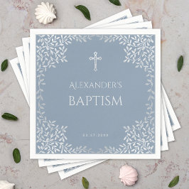 Servilleta De Papel Boy Baptism Dusty Blue Faux Silver deja elegante