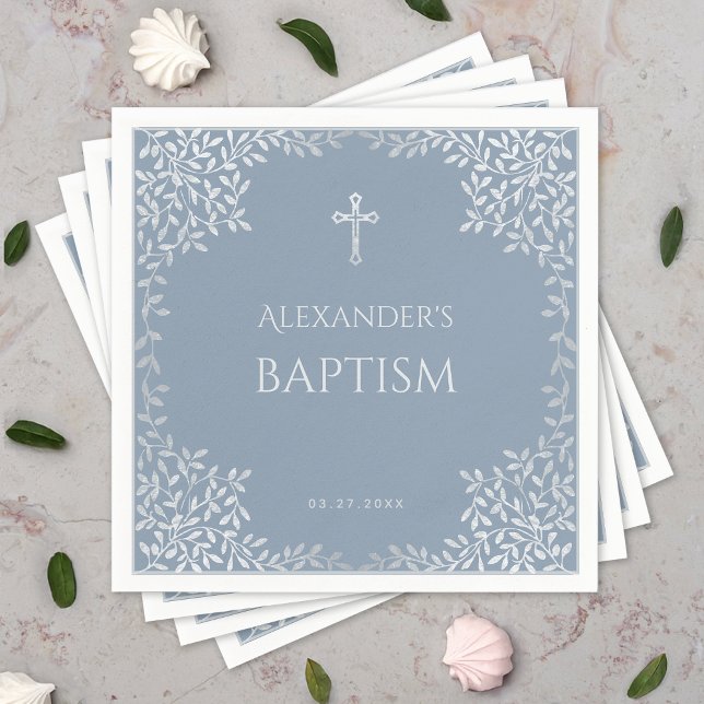 Servilleta De Papel Boy Baptism Dusty Blue Faux Silver deja elegante (Subido por el creador)