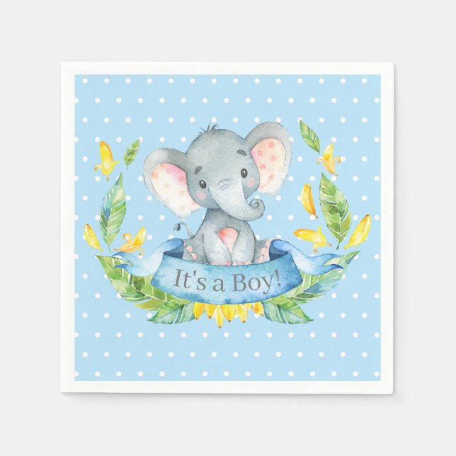 Servilleta De Papel Boy Elephant Baby Shower Blue Napkins (Anverso)