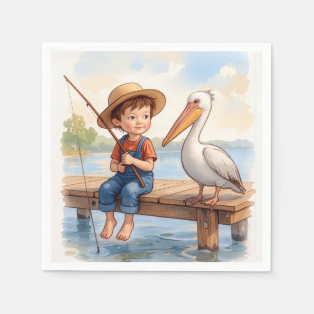 Servilleta De Papel Boy Fishing On a Dock With a Pelican (Anverso)