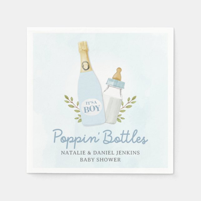 Servilleta De Papel Boy Poppin Botellas Baby Shower Blue (Anverso)