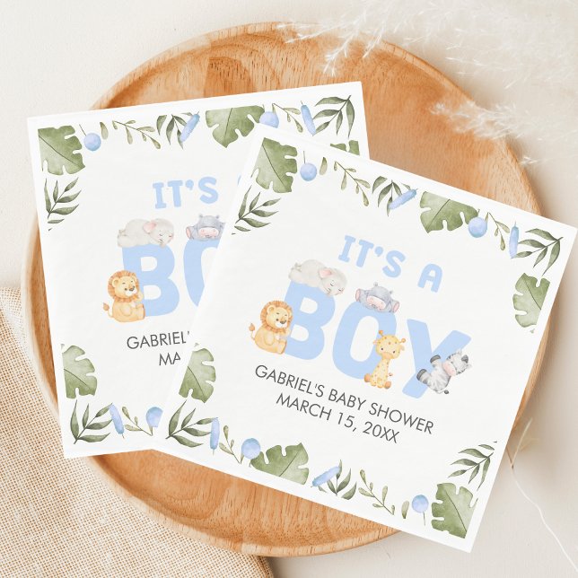 Servilleta De Papel Boy Safari Animal Baby Shower  (Safari Jungle Animals Baby Shower Napkin)