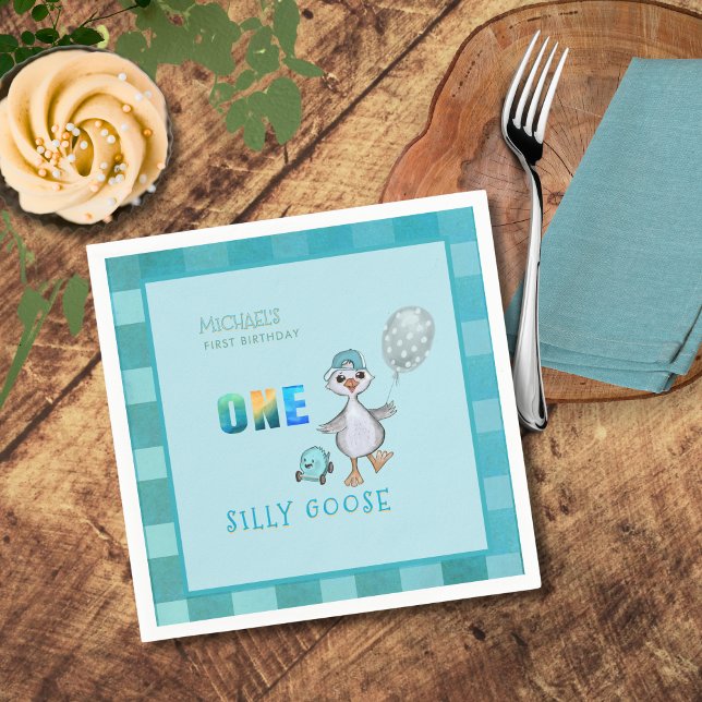 Servilleta De Papel Boy Silly Goose 1er cumpleaños Blue Plaid (Boy Silly Goose 1st Birthday Blue Plaid Napkins)