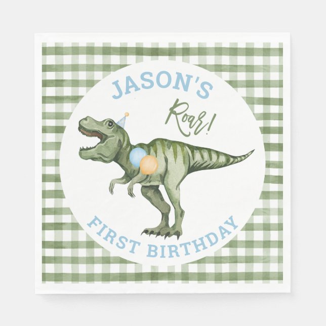 Servilleta De Papel Boys Green Stomp Chomp Roar Dinosaurio 1er cumplea (Anverso)