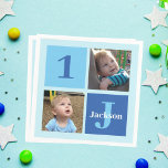 Servilleta De Papel Boys Photo Collage Custom Blue Kids Birthday Party<br><div class="desc">Cool 2 photo personalized birthday party paper napkin for a little boy or toddler. Celebrate your child's 1st birthday with cute photographs of them on this add your own photograph design with cool blue squares. Add their name and age.</div>