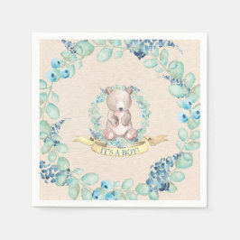 Servilleta De Papel Boys Watercolor Floral Baby Bear Papel Baby Shower