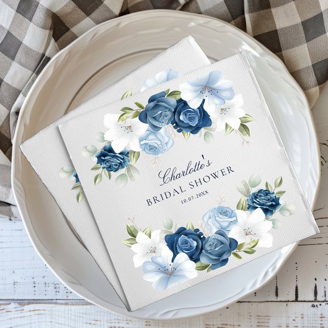 Servilleta De Papel Bridal Shower Dusty Blue Floral Paper (Modern Elegant Dusty Blue Floral Watercolor Script Bridal Shower Paper Napkins)