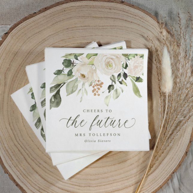 Servilleta De Papel Bridal Shower Garden Sage Green Floral Elegant (Sage green bridal shower napkins with watercolor floral greenery and “cheers to the future Mrs.”)