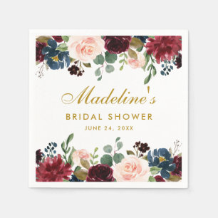 Servilleta De Papel Bridal Shower Watercolor Floral Borgoña Azul Oro