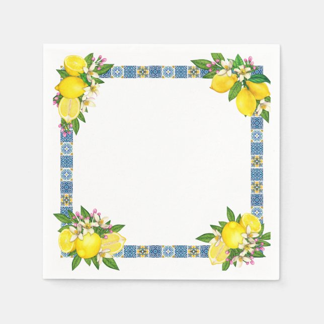 Servilleta De Papel Brillante Mediterráneo Sicilia Tiles Citrus Lemons (Anverso)